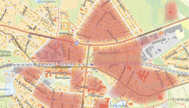 Karta över fjärrvärmenätet i Tyringe